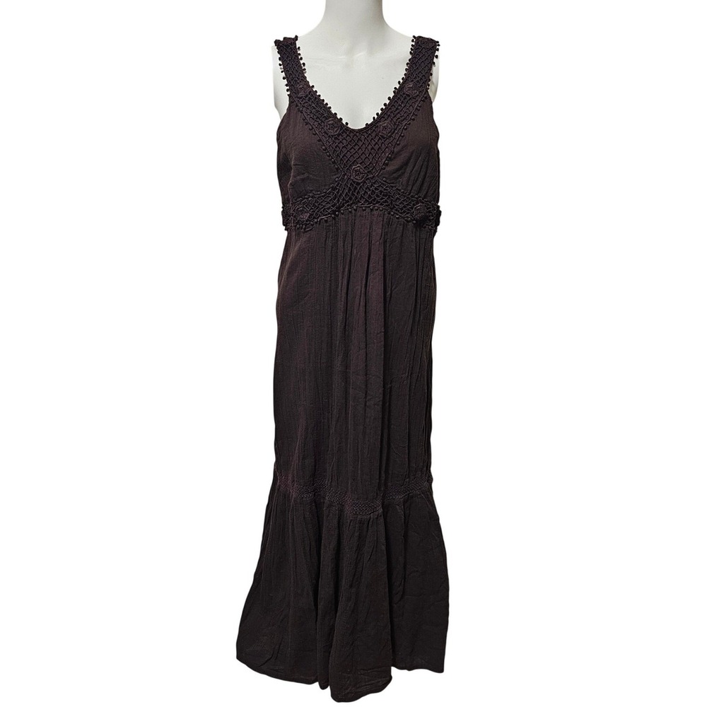 VTG Chocolate Brown Tiered Maxi Dress L Petite Crochet Trim Boho Y2K Fairygrunge